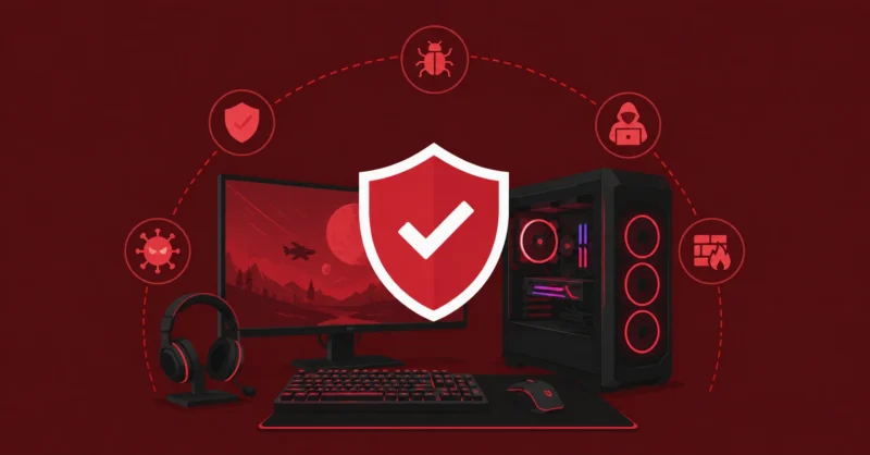 Best antivirus for gaming PC showing a gaming desktop setup protected by a security shield