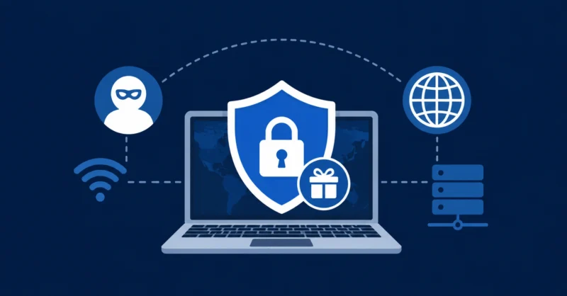 Best free VPN for PC showing a security shield protecting a laptop connection at no cost