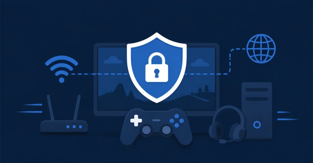 Best VPN for gaming showing a game controller protected by a security shield with fast connection