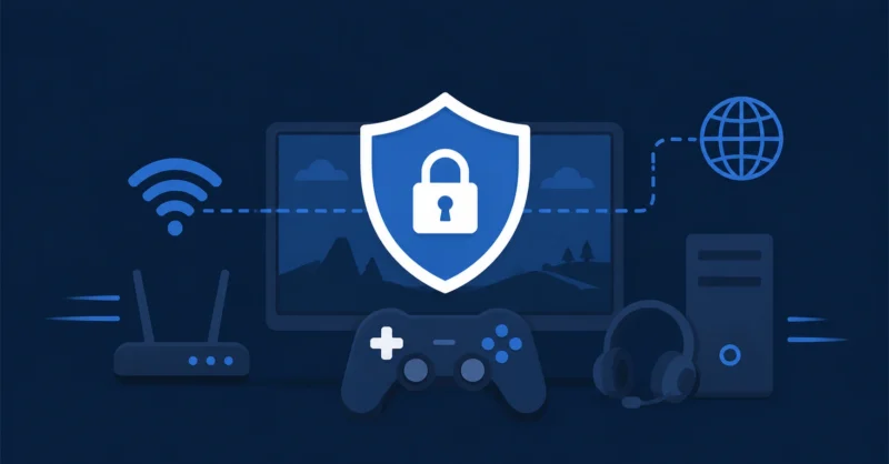 Best VPN for gaming showing a game controller protected by a security shield with fast connection
