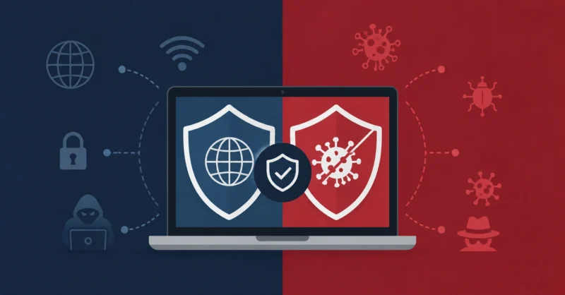 VPN and antivirus dual protection securing a laptop from online threats