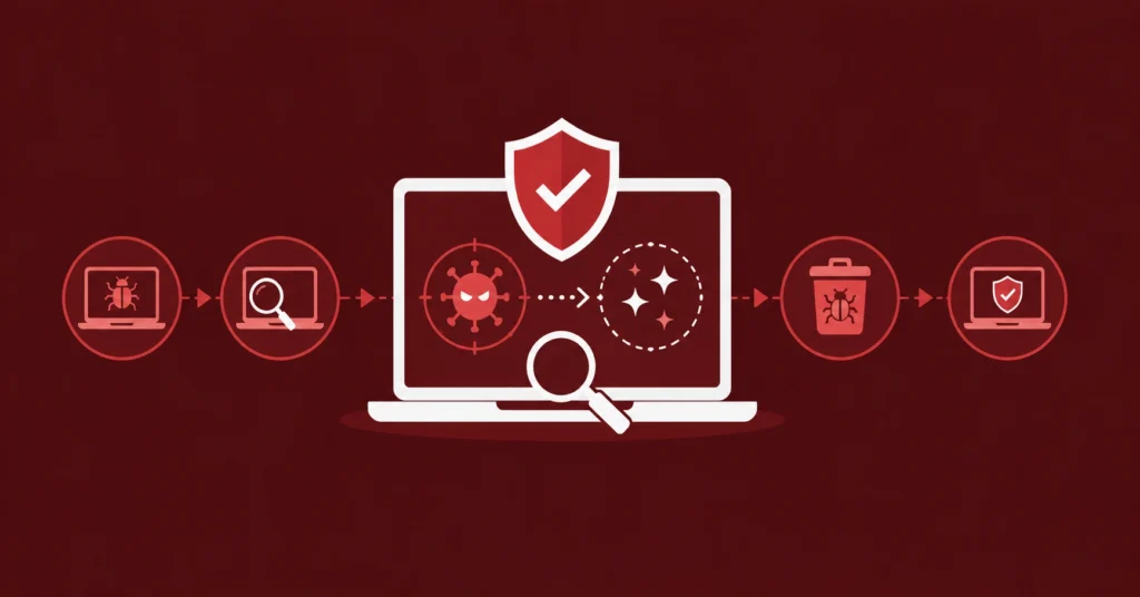 How to remove viruses from PC showing a laptop being cleaned from malware through a security scan