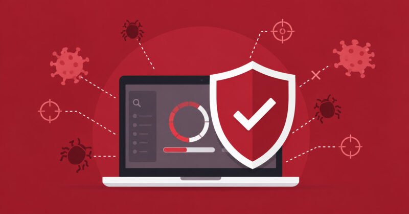 Antivirus shield protecting a laptop from viruses and cyber threats