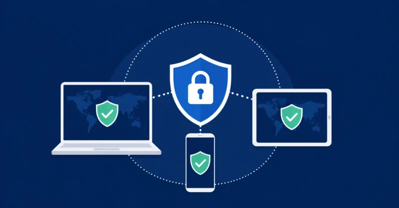 Surfshark VPN review showing unlimited devices protected under one security shield