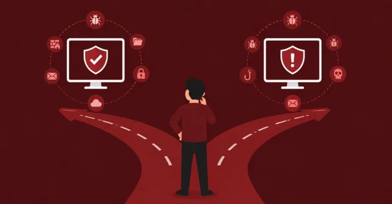 When do you need antivirus protection showing a person deciding between a protected and unprotected computer