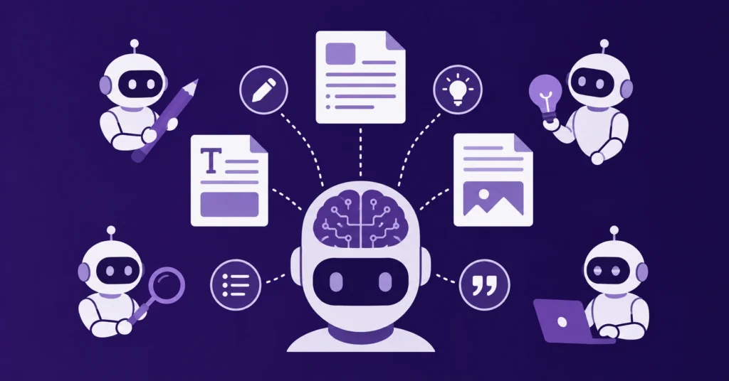 Best AI writing tools showing AI-powered content creation concept with documents and writing icons on dark purple background