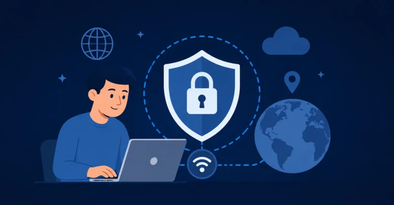 Best free VPN for beginners showing a simple security shield protecting a laptop with an easy secure connection on dark blue background