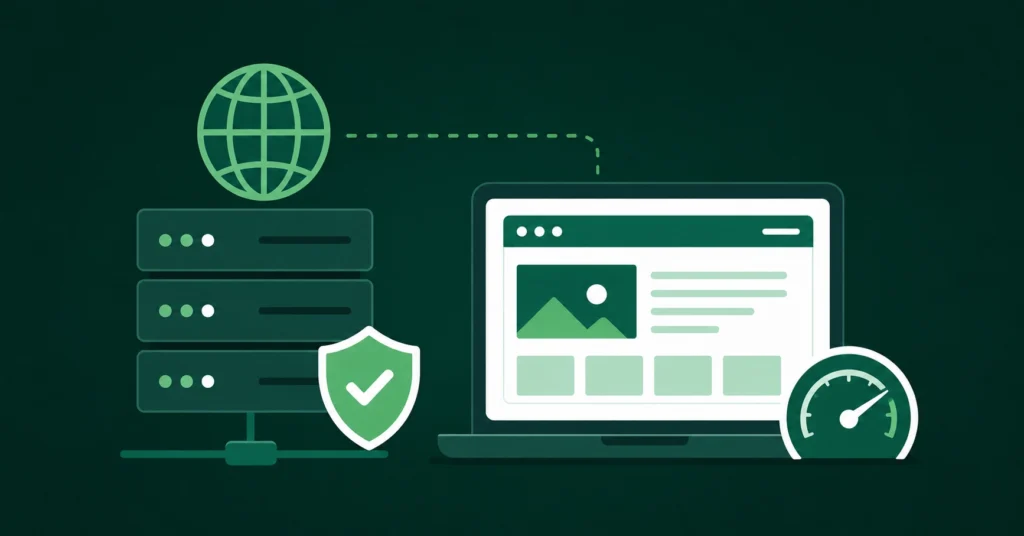 Bluehost review showing a web hosting server powering a WordPress website with a globe and fast loading concept on dark green background