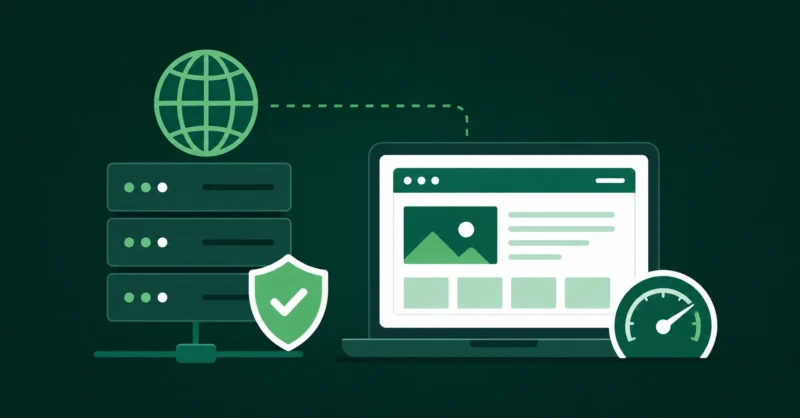 Bluehost review showing a web hosting server powering a WordPress website with a globe and fast loading concept on dark green background