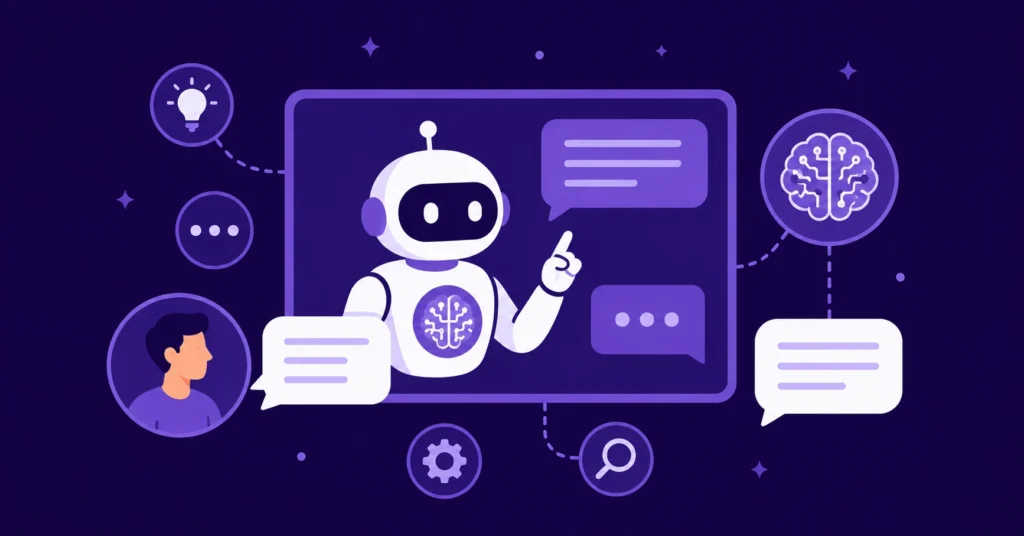 ChatGPT review showing an AI chatbot assistant with floating message bubbles and a robot brain concept on dark purple background