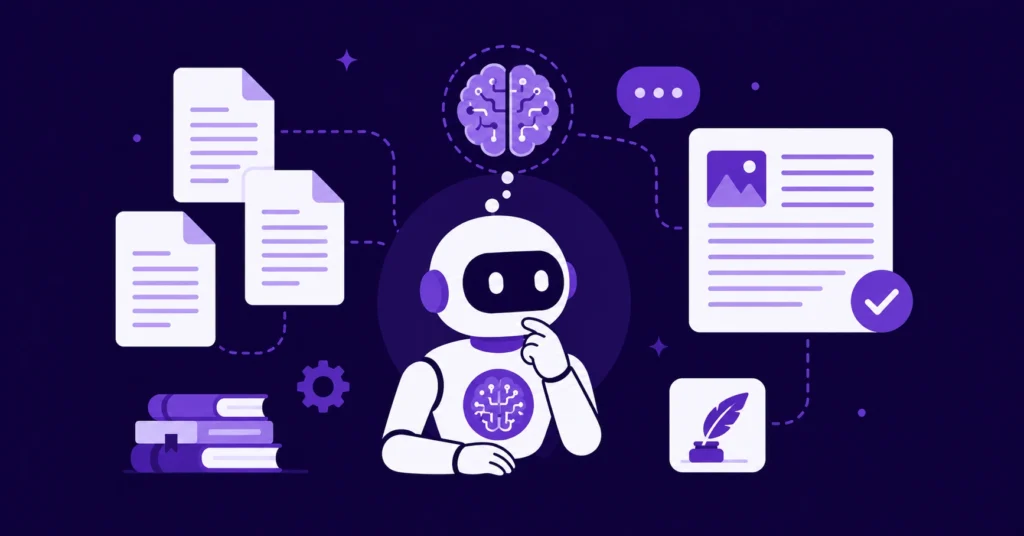 Claude AI review showing an AI writing assistant with long-form document pages and deep reasoning brain concept on dark purple background
