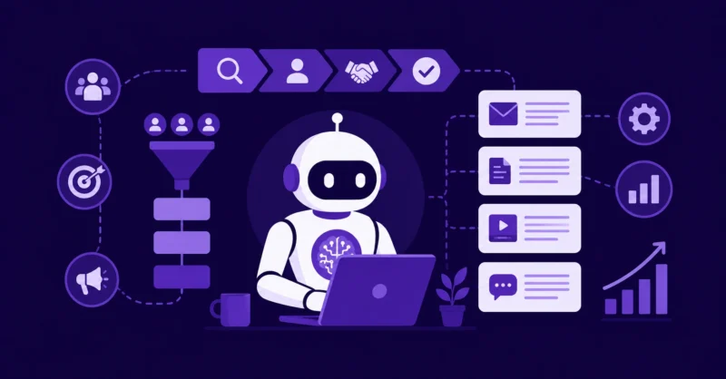 Copy.ai review showing an AI platform for go-to-market teams with floating workflow icons and automated content generation concept on dark purple background