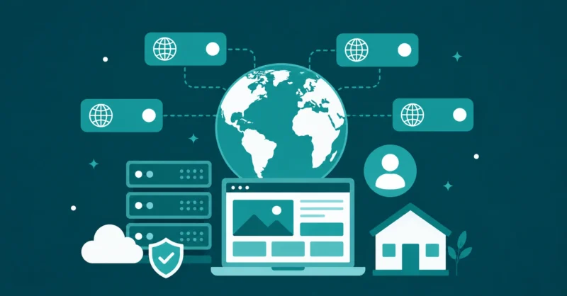 GoDaddy review showing a large domain registrar service with floating domain icons and a globe representing worldwide web presence on teal background