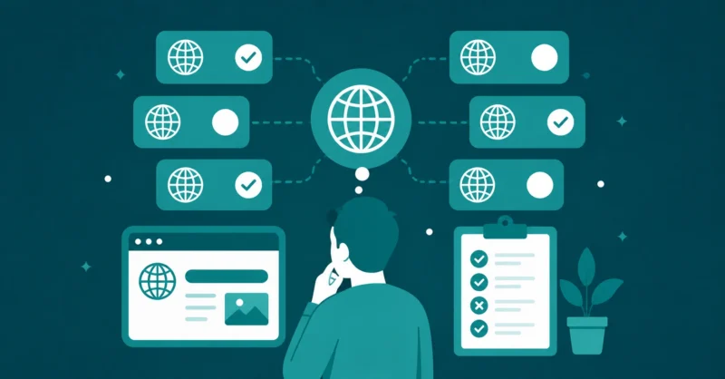 How to choose a domain name showing floating domain icons and a checklist decision concept on teal background