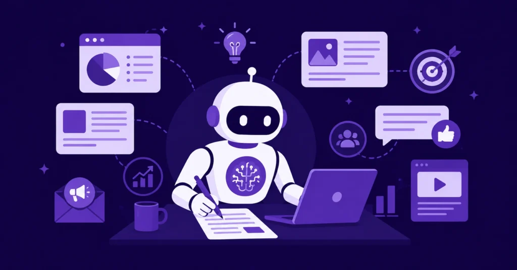 Jasper AI review showing an AI writing assistant for marketing content with floating content blocks and campaign icons on dark purple background