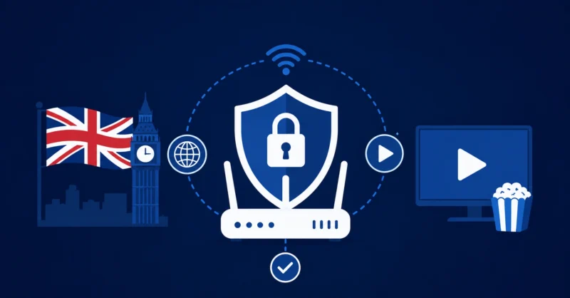 Liberty Shield VPN review showing a secure shield protecting a home router and streaming connection on dark blue background