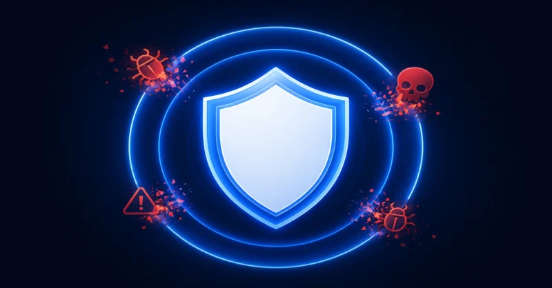 A glowing McAfee antivirus shield with protective rings blocking and shattering malware threats on a dark background