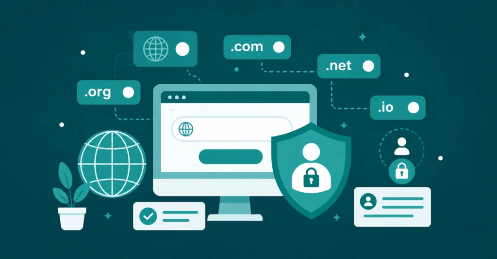 Namecheap review showing a domain registrar service with floating domain icons and a privacy shield concept on teal background