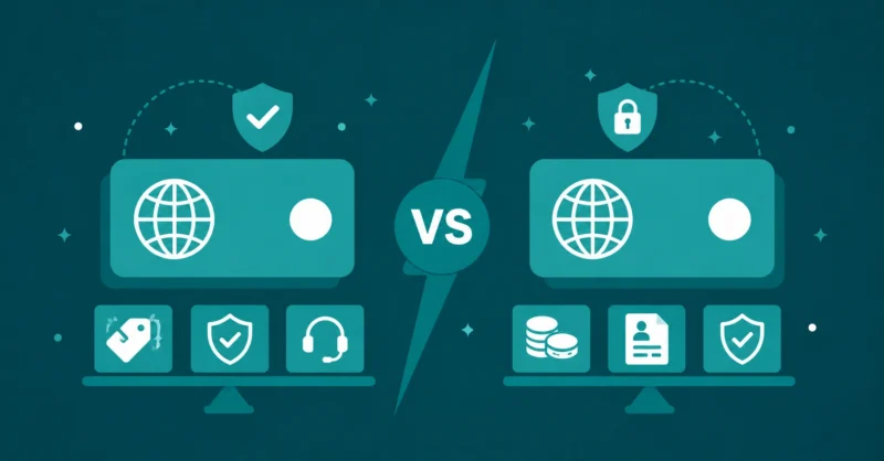 Namecheap vs GoDaddy comparison showing two domain registrar icons facing each other in a head to head pricing and features battle on teal background