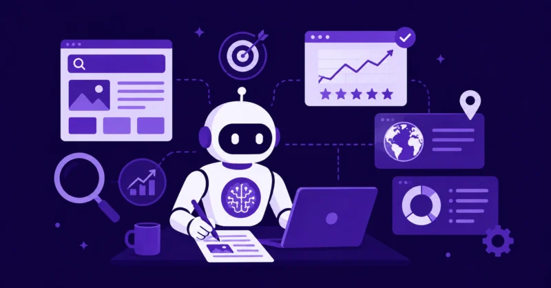 Writesonic review showing an AI writing tool with SEO and GEO tracking concept featuring search ranking icons and content optimization on dark purple background