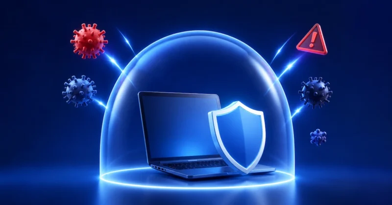 A transparent protective dome covering a laptop silhouette, with blocked malware particles deflected around it on a dark blue background