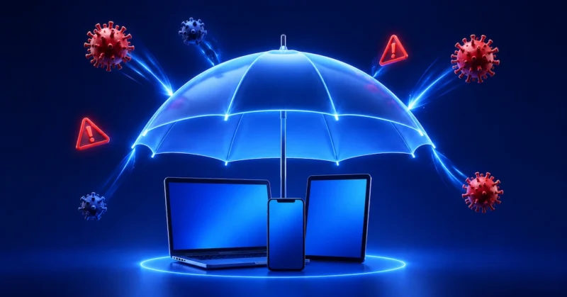 An umbrella-shaped shield protecting multiple device silhouettes from repelled malware threats on a dark blue background