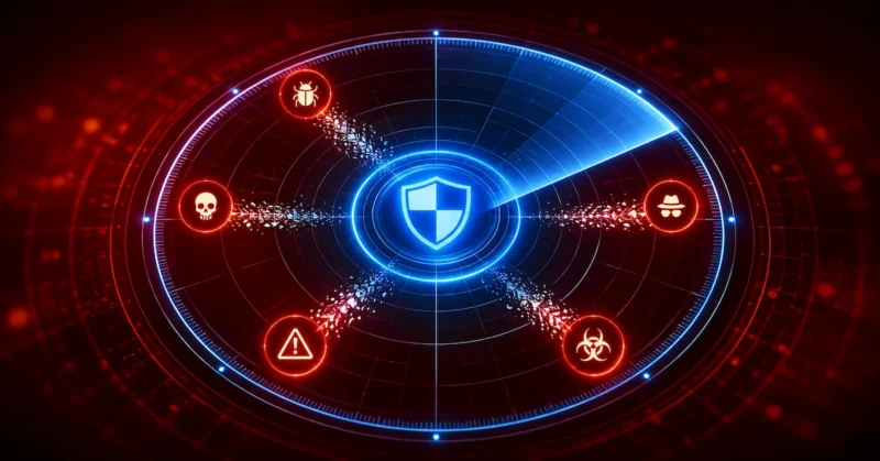 A radar screen displaying Bitdefender's central secure core in blue, scanning and neutralizing incoming threat dots on a dark background