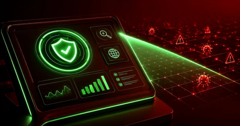 A control panel with green security metrics and a scanning beam sweeping a digital threat grid on a dark red background