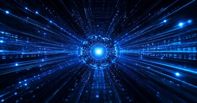 A glowing light speed tunnel with infinite connection lines radiating from a central protected core on a deep blue background, representing ExpressVPN's Lightway protocol and ultra-fast encrypted connections
