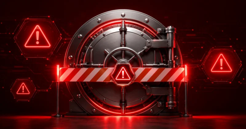 A fortified digital vault door with a glowing red warning barrier, symbolizing restricted access and top-tier security protection on a dark red background
