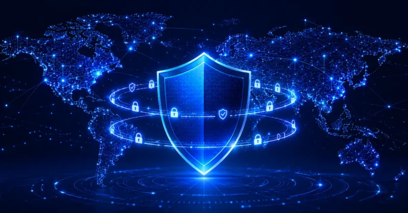 A glowing double-layer encrypted shield surrounded by a global server grid with network nodes radiating outward, representing NordVPN's worldwide coverage and industry-leading privacy protection